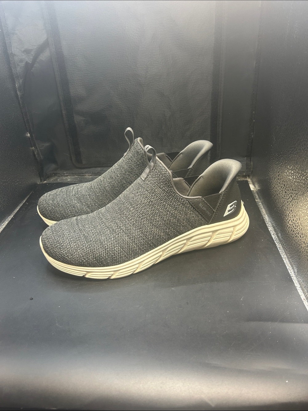 Skechers women’s Charcoal Knit Slip-On Sneakers with Cream Sole